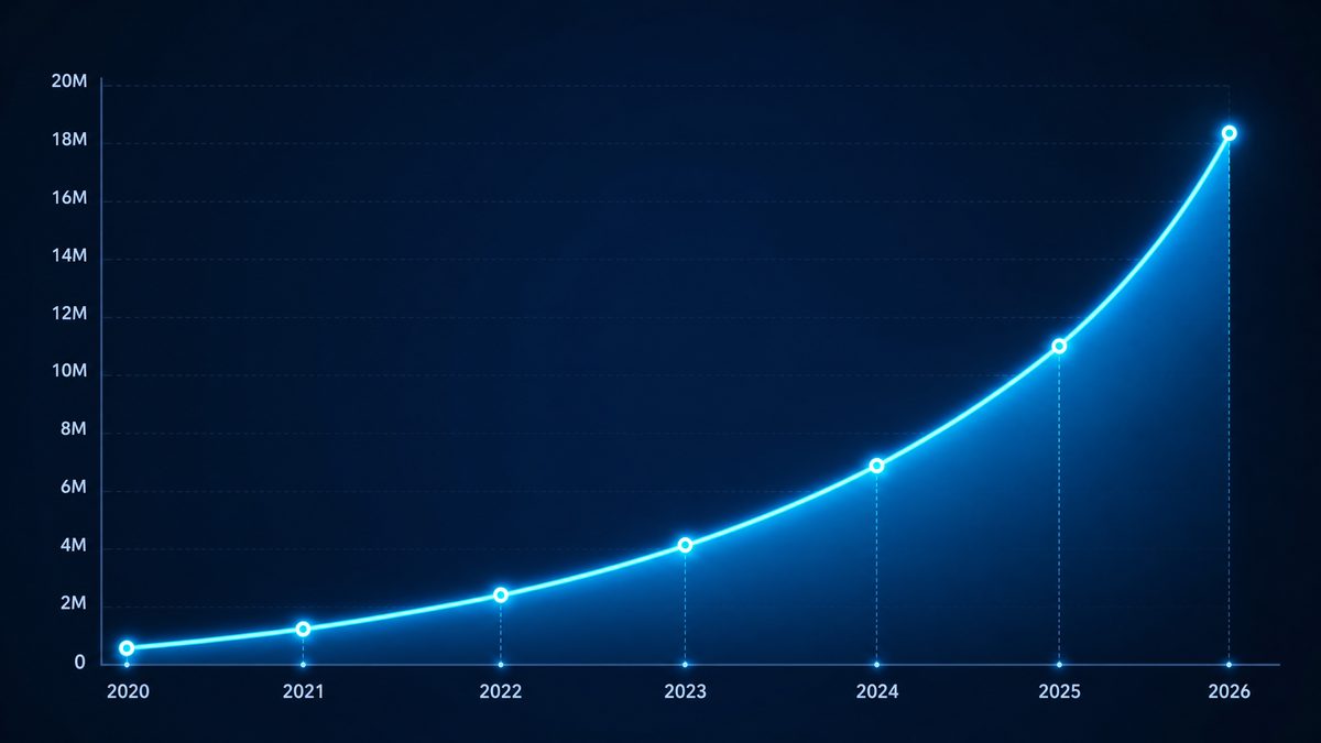 xp天堂用户增长数据图表,展示2020-2026年注册用户从50万增长至1800万的趋势
